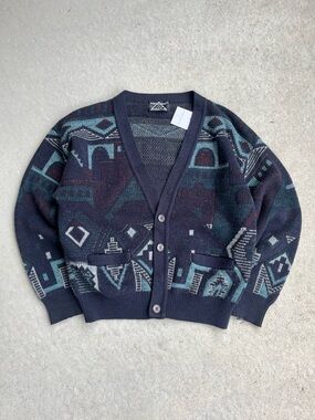 Geometric Pattern Navy Cardigan - Men